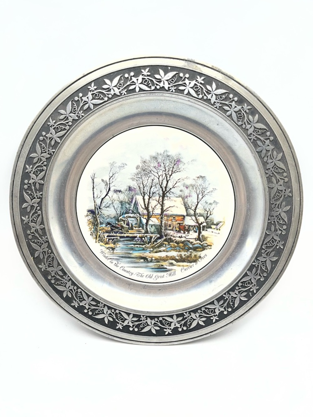Decorative Pewter-Trim Winter Scene Wall Plate - Silver Finish